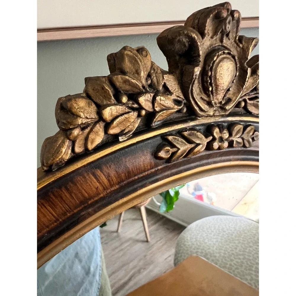 Vintage French Neoclassical Round Wood Wall Mirror Gilt Accents 22x16